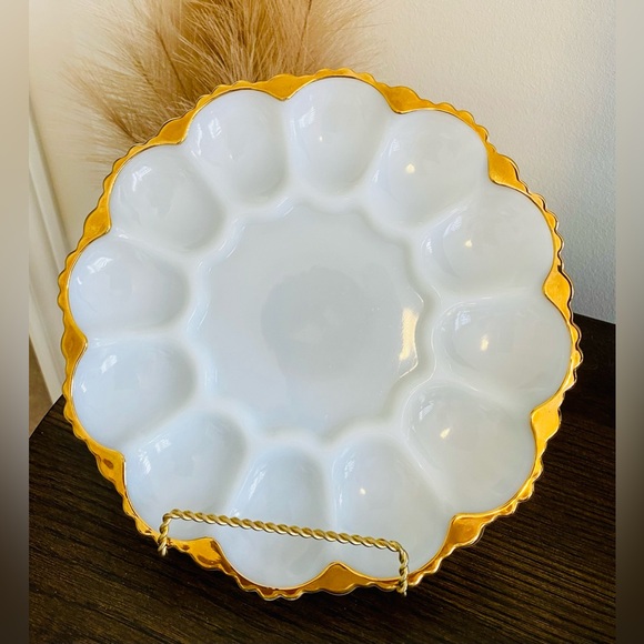 Other - White and Gold Scalloped Devilled Egg Milk Glass Plate